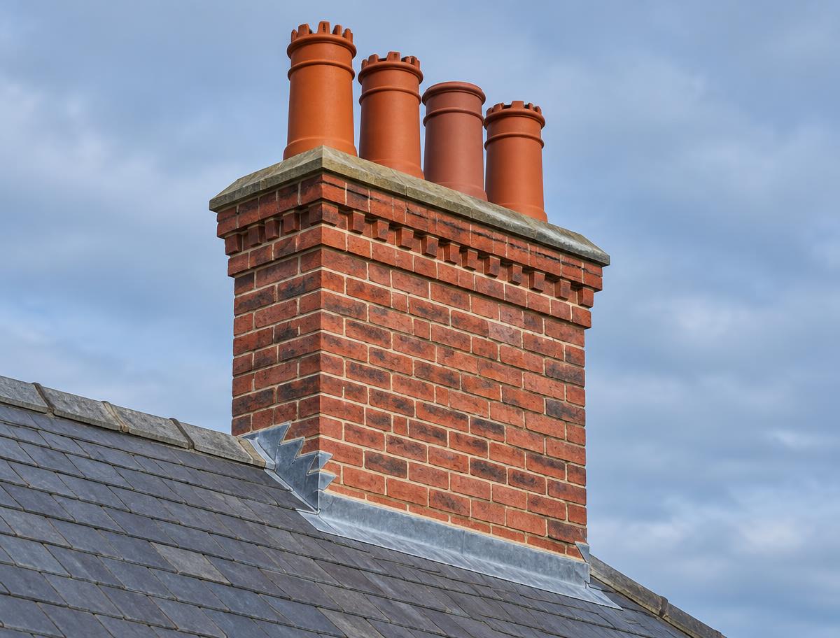 Repointed brick chimney stack with terracotta pots