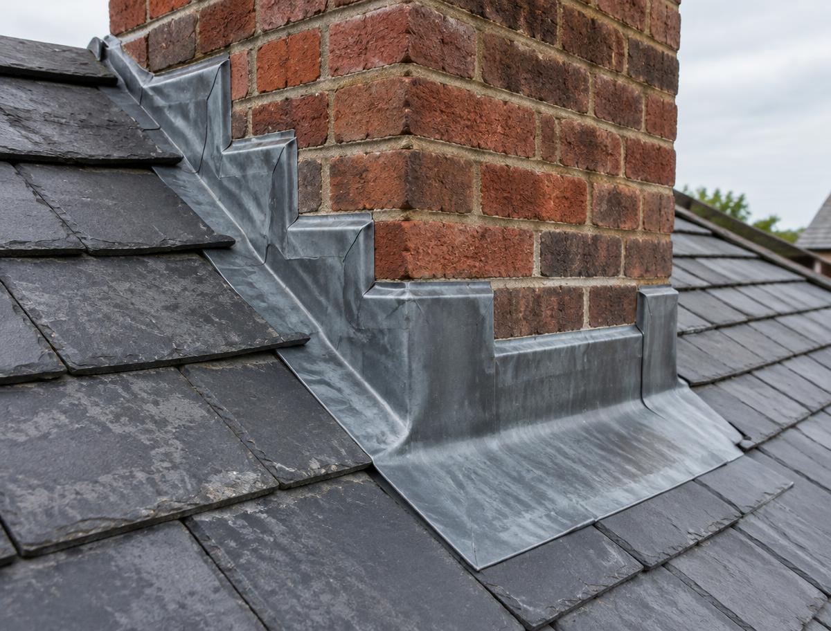 Stepped lead flashing dressed around a brick chimney on a slate roof
