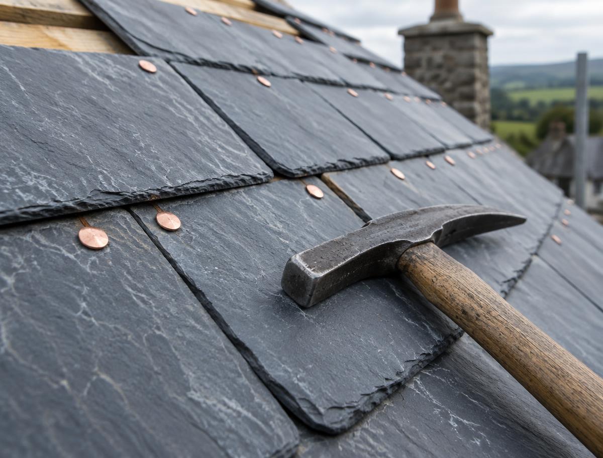 Natural slate courses fixed with copper nails beside a slater's hammer
