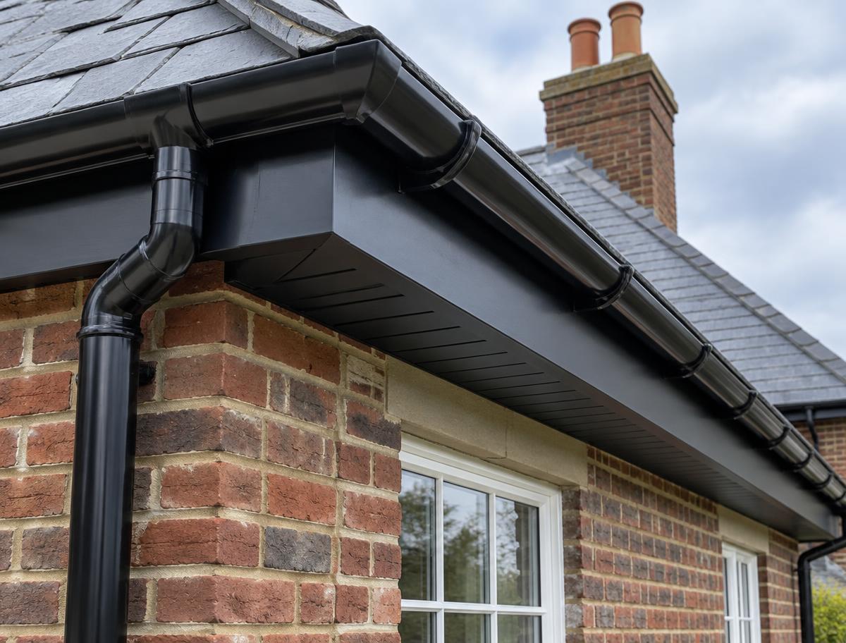 Black guttering, fascias and soffits on a brick house