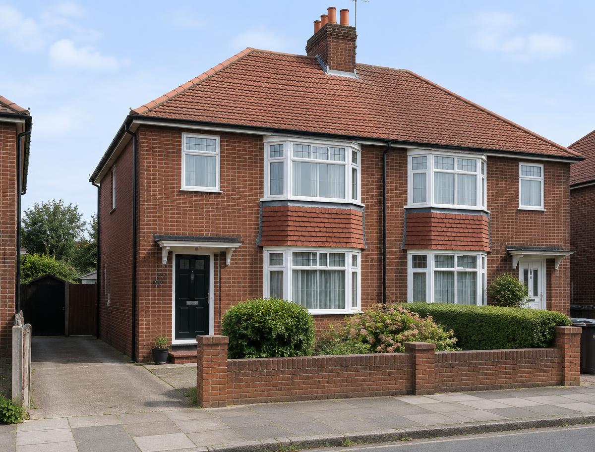 Brick semi-detached house with a clay tiled roof